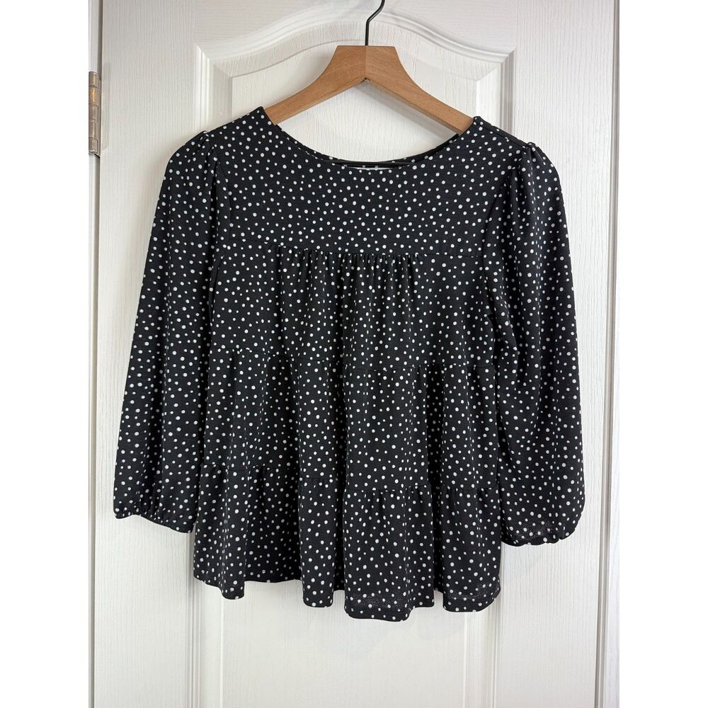 Monteau Los Angeles Women's Black White Tiered Blouse 3/4 Sleeve Size S Small